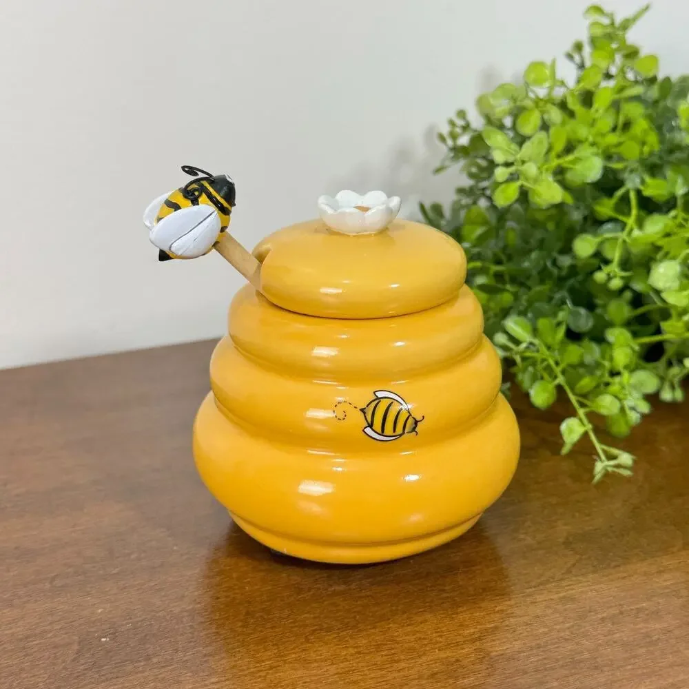 Honey Jar Honey Bee With Wood Dipper and Lid Miel